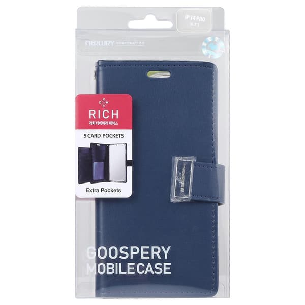 För iPhone 14 Plus GOOSPERY RICH DIARY Crazy Horse Textur Läderfodral Blue