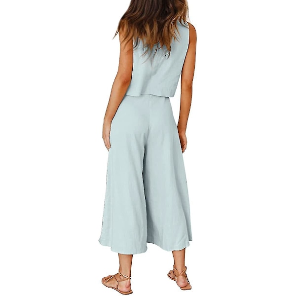 Roylamp Sommer-outfits til kvinder i 2 dele Rundhalset Crop Basic Top Beskåret Bukser med brede ben, Jumpsuits Light Cyan X-Small