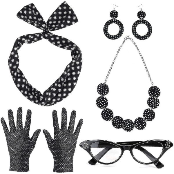 50-talls kostymetilbehørsett for kvinner Polka Dot Bandana Slips Pannebånd Ørepynt Halskjede Hansker Retro Cat Eye Eglasses (svart)