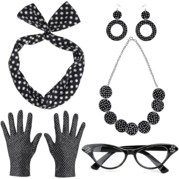 50'er kostumetilbehørssæt til kvinder Polka Dot Bandana Slips Pandebånd Øreringe Halskæde Handsker Retro Cat Eye Eyglasses (sort)