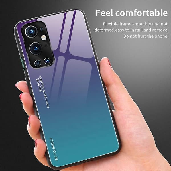 Gradient Härdat Glas Skal TPU Ram Baksida för OnePlus 9 Pro Purple Blue