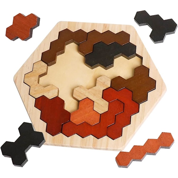 Trähexagonpussel för barn och vuxna, färgglada formpusselblock Tangram Brain Teaser Toy Geometry Logic IQ-spel Present för barn i alla åldrar