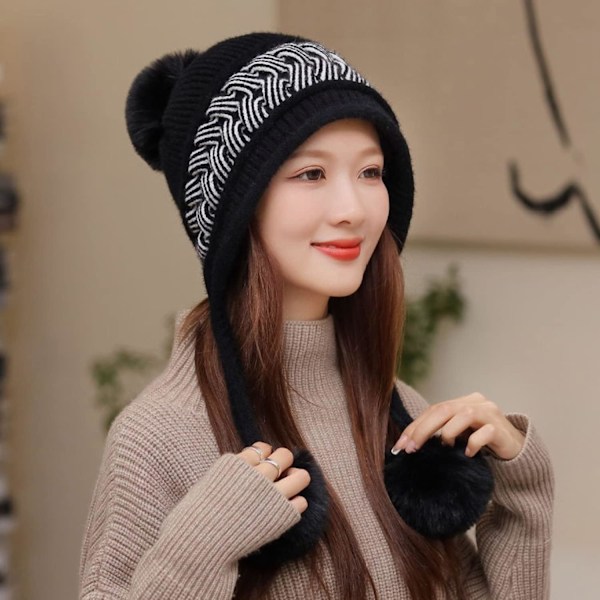 Dam vinter Peruvian öronbeklädnad Beanie Hat Öronklaffar Sherpa Skidmössa Stickad Fleecefodrad 3 Pom Black One Size