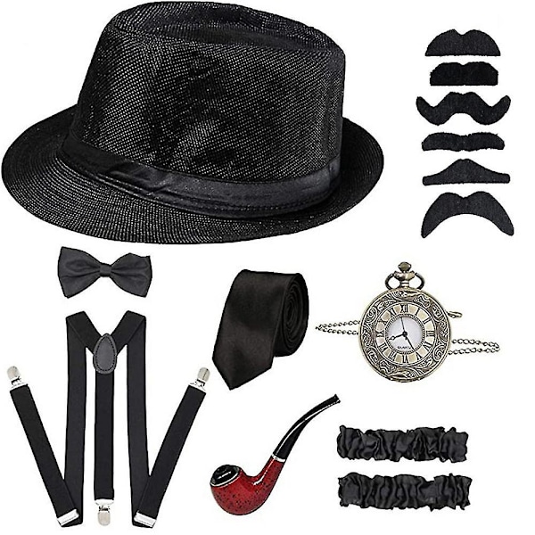 1920-luvun miesten Gatsby Gangster -asuasusteet Vanhan miehen asusteet Panama-hatulla, henkseleillä ja rusettilla