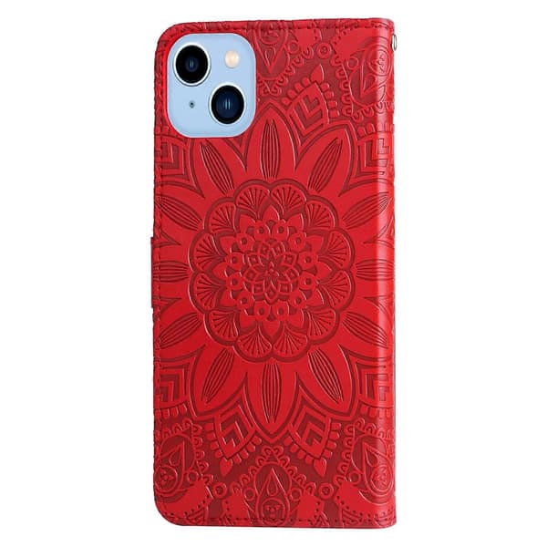 Præget solsikke læder telefoncover til iPhone 14 Plus Red