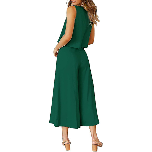 Roylamp Sommer-outfits til kvinder i 2 dele Rundhalset Crop Basic Top Beskåret Bukser med brede ben, Jumpsuits Dark Green X-Small