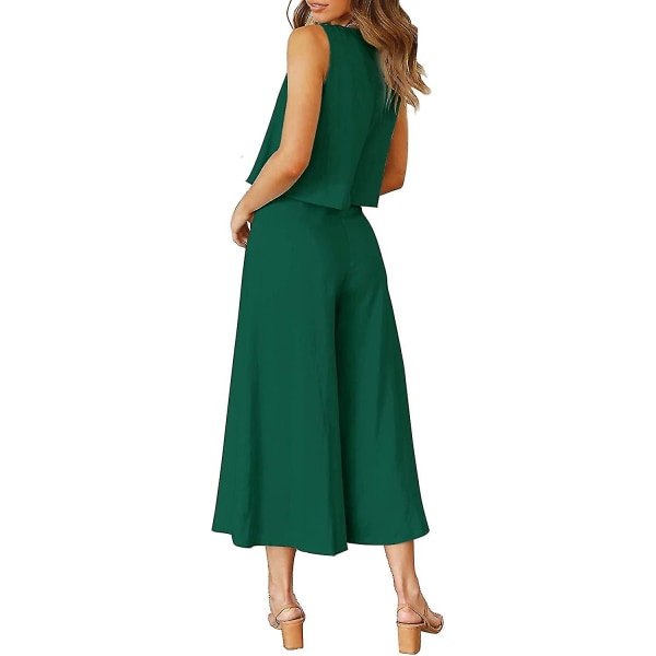 Roylamp sommerantrekk for kvinner i 2 deler Rundhalset Crop Basic Topp Beskåret buksesett med brede ben, Jumpsuits Dark Green Large