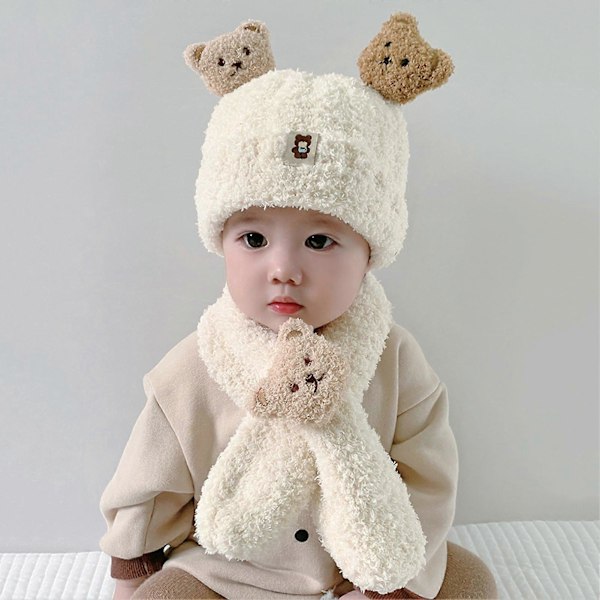 Baby Vinterhue & Halsvarmer Sæt med Cartoon Bjørn Dekoration Tyk Blød Plys Koldresistent Strikket Unisex Halswrap Børne Vintertilbehør Beige
