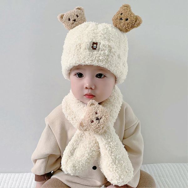Baby Vintermössa & Halsduk Set med Kartongbjörn Dekor Tjock Mjuk Plysch Kalla Resistent Stickad Unisex Halsduk Barn Vintertillbehör Beige