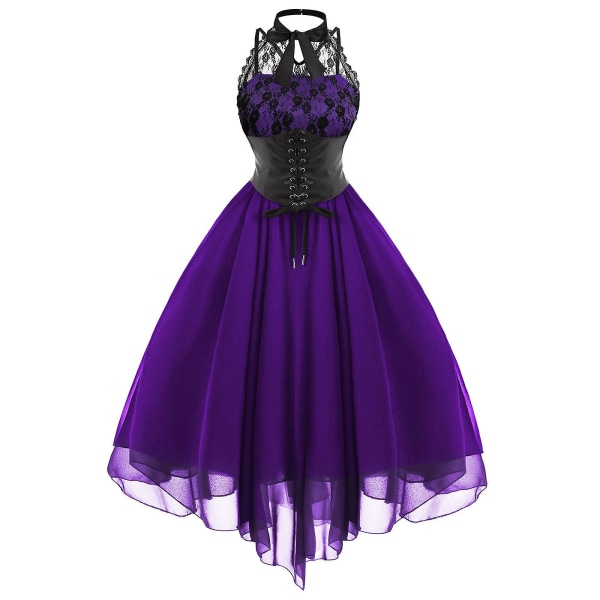 Steampunk Gotisk kjole for kvinner Ermeløs høy lavt design blonder middelalderkostyme Purple 5XL
