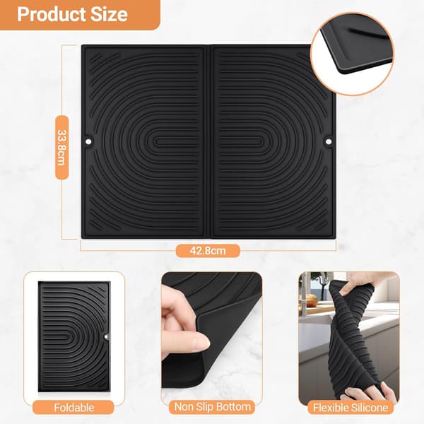 43×34 cm, Black Dish Drying Mat, Foldable Dish Mat, Heat Resistant Dish Drying Mat, Universal Non-Slip Silicone Mat for Kitchen