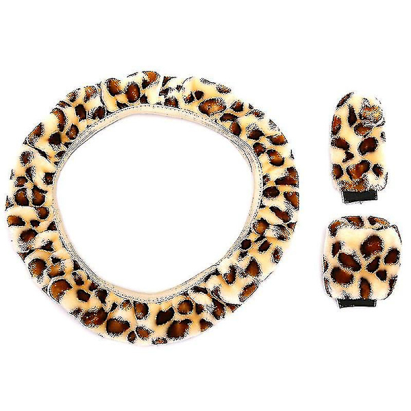 3-pack Leopardskinnsplysch Rattstyrningsöverdrag Vinterbiltillbehör Beige