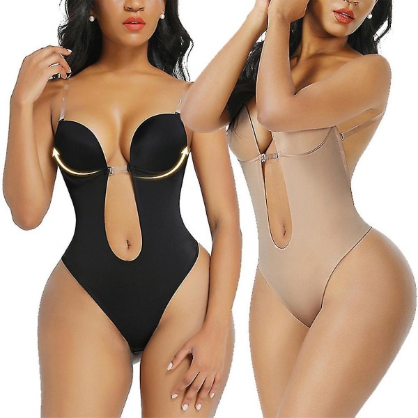 Kvinders rygfri Body Shaper BH - dyb dyb V-hals Seamless Thong Invisibles Shapewear til bryllup Black S