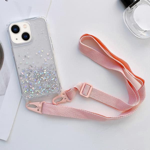Glitter Epoxy Clear Phone Case med Snodd för iPhone 14 Plus Pink