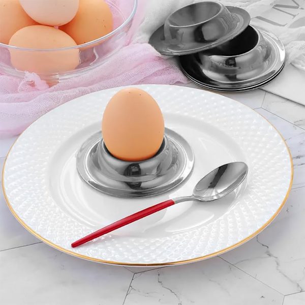 (Silver) 4 Egg Cups, Stackable, Round, Stainless Steel, Polished, Dishwasher Safe, with Egg Holder