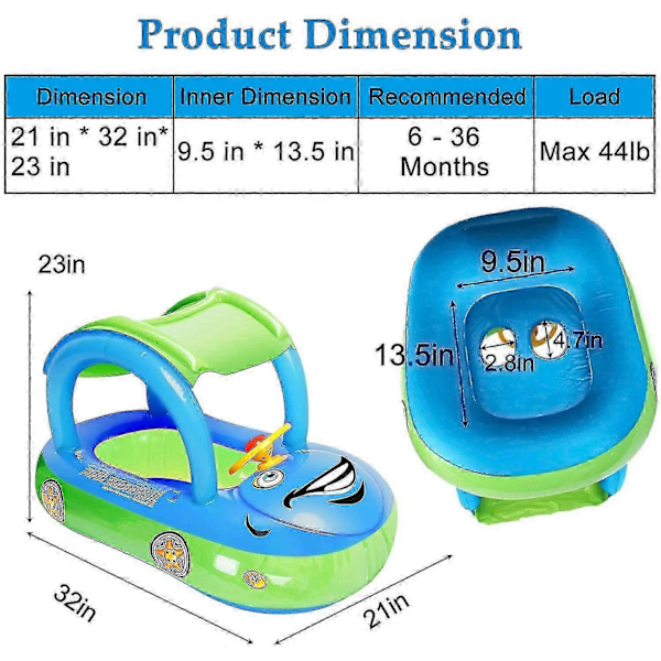 Uppblåsbar Baby Pool Float med Solskydd, Bilformad Badbåt för Spädbarn Småbarn Barn Blue