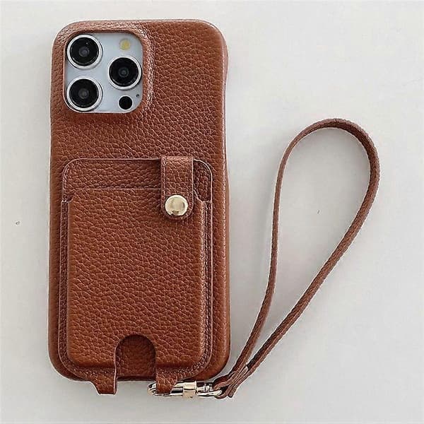 Fodral för iPhone 16 Pro Max, multifunktionella kortfack, läderbaksida med handledsrem Dark Brown