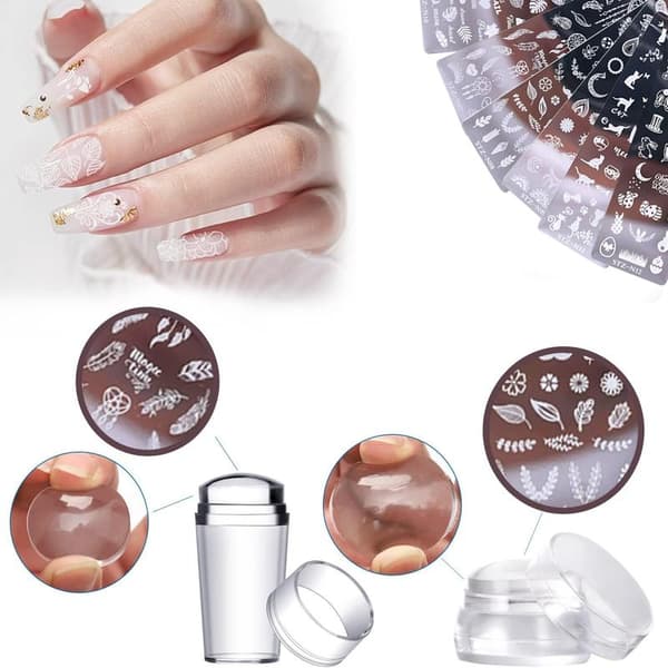 6 stk Nail Stamping Plates, med 1 Klar Stämpel, 1 Skrapa (