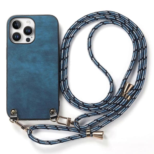 Retro læder telefonbagside til iPhone 16 Pro med justerbar rem Blue
