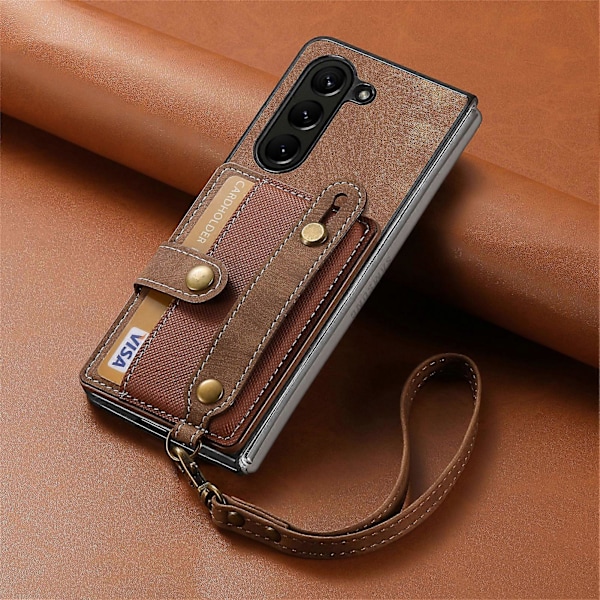 Fodral för Z Fold 6, Läderplånboksfodral för Samsung Galaxy Z Fold 6 med Kortfack & Armband, Stötsäkert Skyddande Omslag Brown