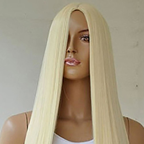 Kvinners lange, rette, fulle parykkhår, blondt syntetisk, uten lugg, cosplay, fest, Qinhai