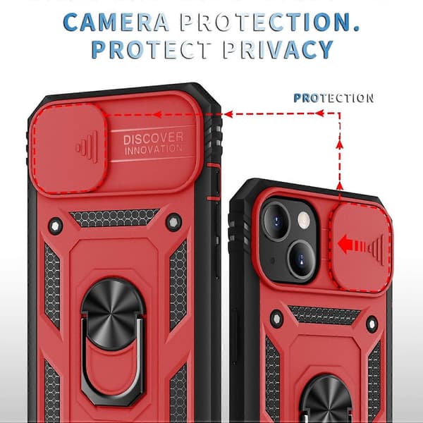 För iPhone 14 Plus Skjutbart Kameraskydd Design TPU + PC Skyddande Telefonfodral Red Black