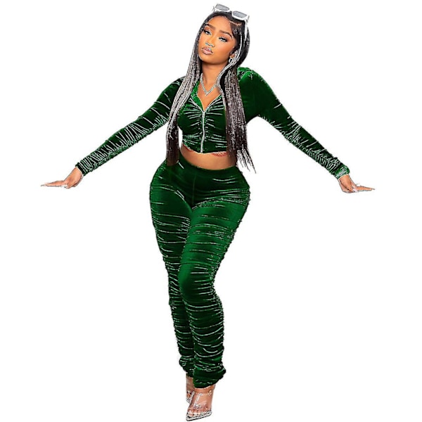 Naisten Sametti Tracksuit Set Seksikäs 2-osainen Asuste Vetoketjullinen Huppari Green M
