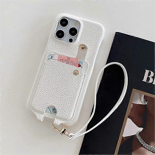 Fodral för iPhone 16 Pro Max, multifunktionella kortfack, läderbaksida med handledsrem White