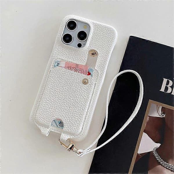 Multi-funktionelt læderbagcover med kortpladser og håndledsrem til iPhone 16 Pro Max White