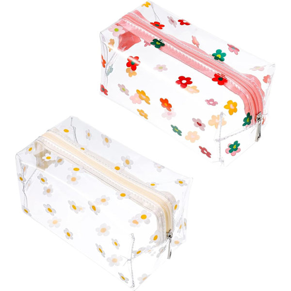 2 Pcs Clear Pencil Case Large Pen Bag Stationery Pouch Make up Bag, Transparent Daisy Floret Pattern Bag, PVC Clear Cosmetic Pouch