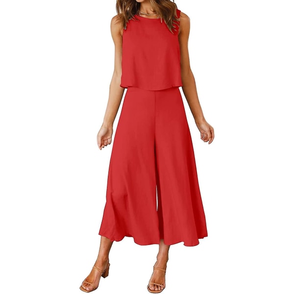 Roylamp Women's Summer 2-delade outfits Rundhalsad Crop Basic Top Beskuren Byxa Set med vida ben Jumpsuits Red Medium