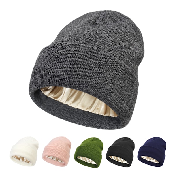 Ingen statisk-ingen frizz-ingen trasselhatt, mössa med silkesfoder, satin-fodrade vinterhattar strumpor hattar för kvinnor grey