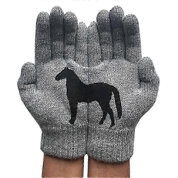 Damehandsker med hesteprint, strikkede varme vanter Grey