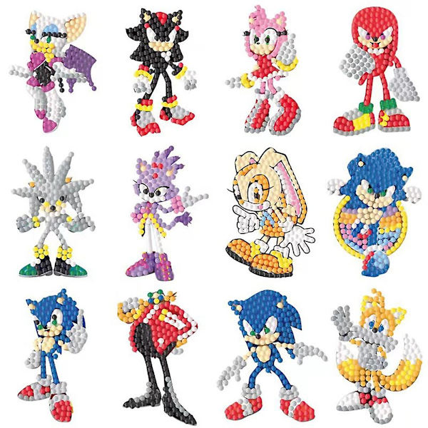 12 kpl Sonic timanttimaalaustarra-sarjaa lapsille, DIY 5d sarjakuvapeli hauska viileä timanttitaide mosaiikkitarrarat numeroiden mukaan sarjat