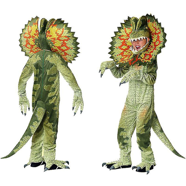 Dinosaur Dilophosaurus Cosplay Kostume Børn Halloween Karneval Fest Fancy Dress Jumpsuit Sæt S