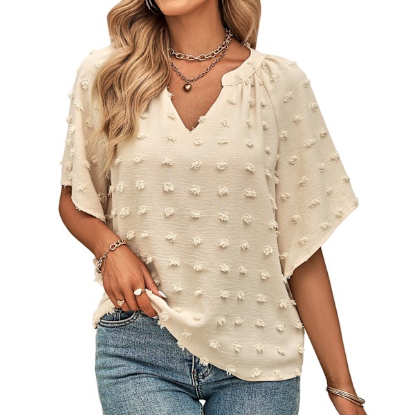 Elegant Casual Loose V-Neck Sveitsisk Strikket Topp Bluse Aprikos