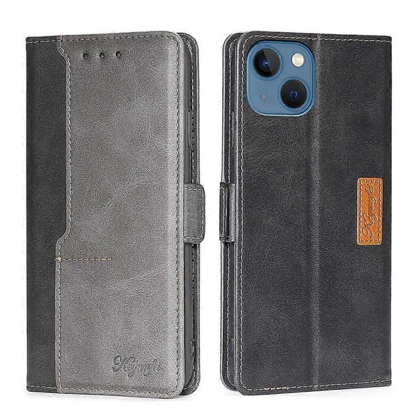 Kontrastfarget side-spenne skinndeksel til iPhone 14 Plus Black Grey