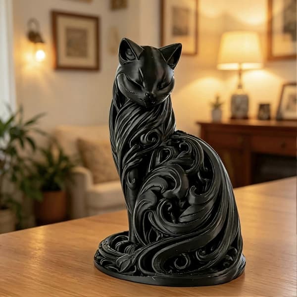 Minimalistisk Elegant Kattstaty – 3D-printad Katt – för Sovrum, Vardagsrum, Kontorsinredning Black
