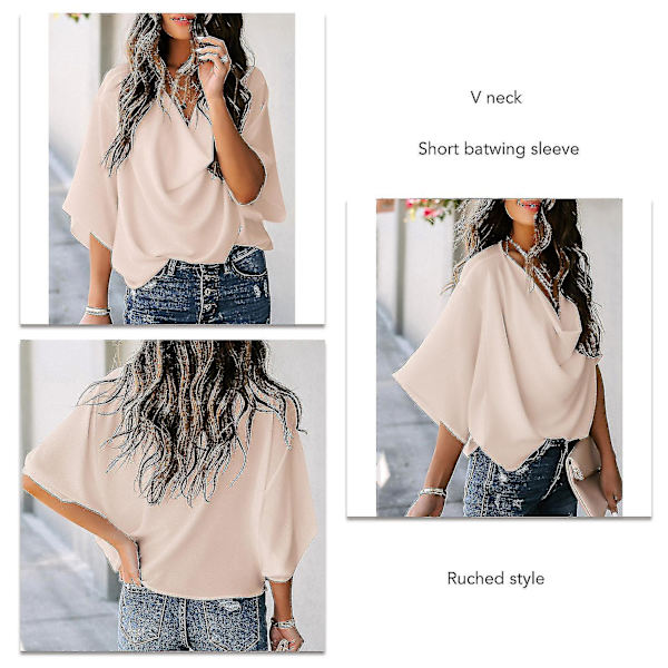Ruched Toppar Dam V-hals Kort Batwing-ärm Lös Ren Färg Dam Casual Blus För Fest Kontor Resor Apricot M