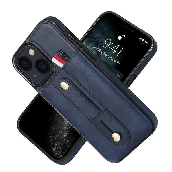 Armband Plånbok Läder Telefonfodral med Ställ för iPhone 14 Plus Blue