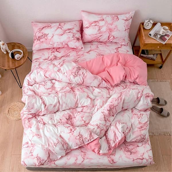 3 delar set polyester marmorerat påslakan örngott sängkläder EU dubbelstorlek (rosa)