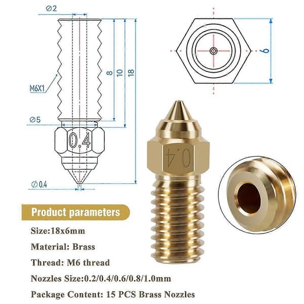 15 stk. messingdysesæt til 4, 3D-printer 7 stk. 0,4 mm og 2 stk. 0,2 mm, 0,6 mm, 0,8 mm, 1,0 mm dysesæt