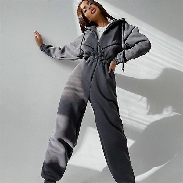 Dame Tracksuit Falsk Todelt Sæt Casual Lynlås Snøretrøje Dragt Mode Solid Løstsiddende Efterår Vinter Sweatshirt Sports Sæt GREY M