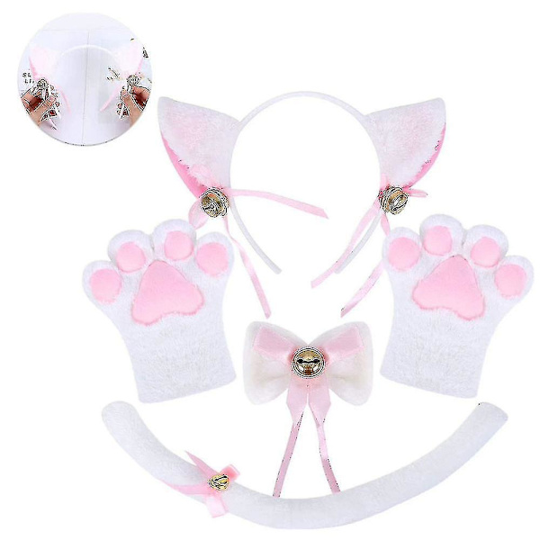 Katt Kostym Cosplay Plysch Huvudbonad Klämma Öra Rosett Slips Svans Handskar Set