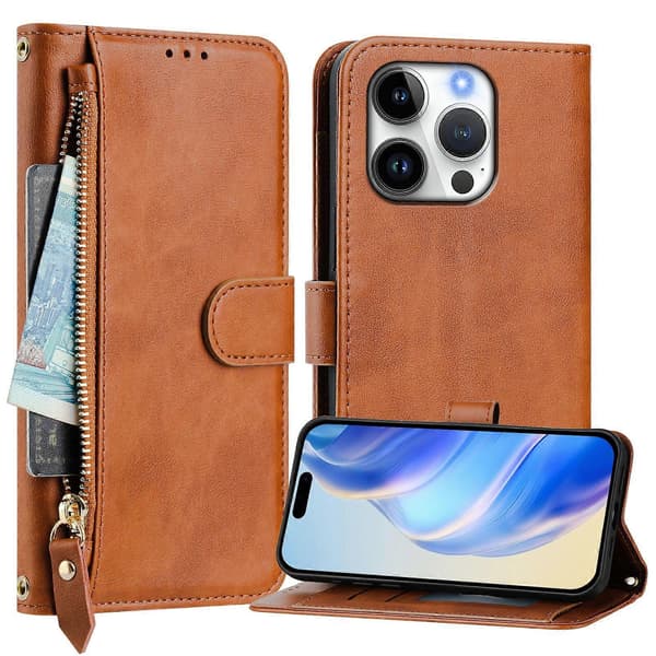 Læder telefoncover med lynlåslomme og flere kortpladser til iPhone 16 Pro Brown