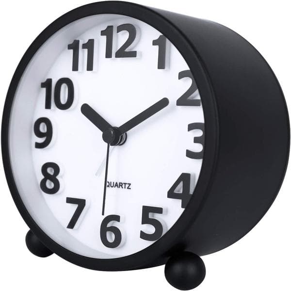 Tyst Analog Väckarklocka, Svart Metall Stora 3D Siffror, Snooze