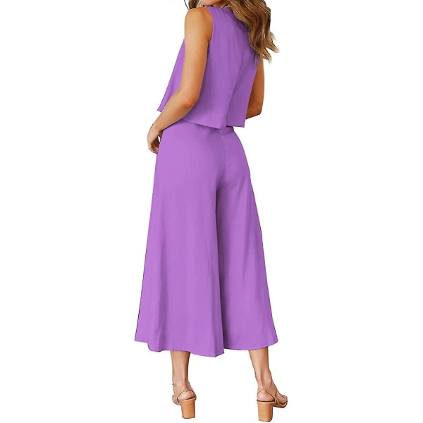 Roylamp Women's Summer 2-delade outfits Rundhalsad Crop Basic Top Beskuren Byxa Set med vida ben Jumpsuits Lavender Large