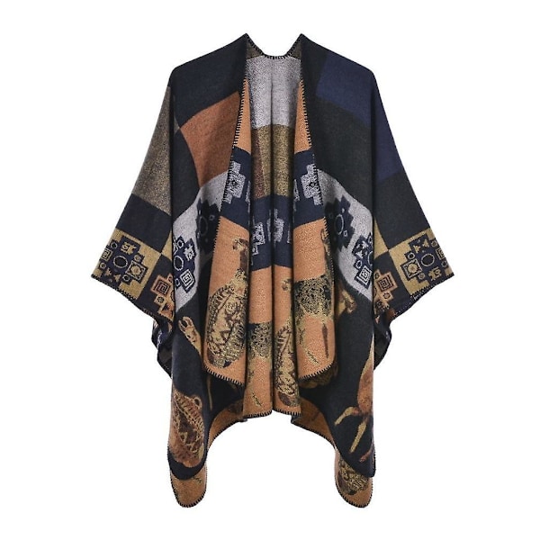 Vintage Varm Vinter Sjal Wrap Åpen Front Poncho Kasjmirfølelse Cape For Kvinner