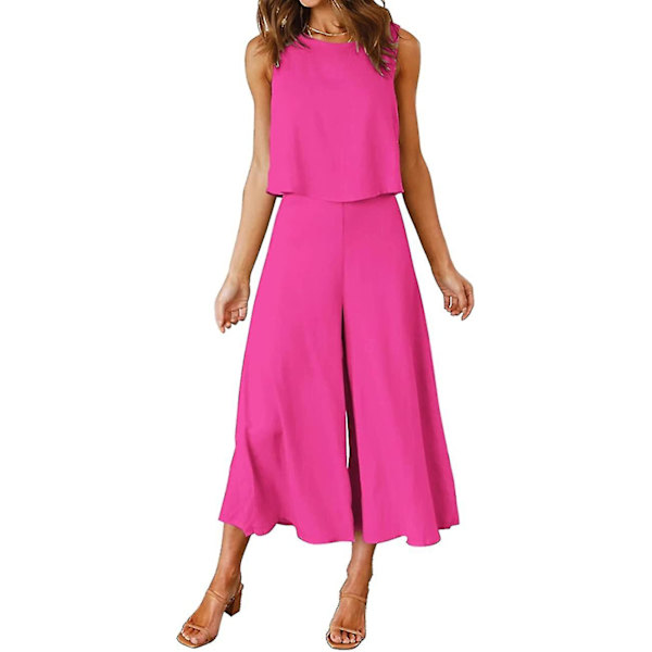 Roylamp Sommer-outfits til kvinder i 2 dele Rundhalset Crop Basic Top Beskåret Bukser med brede ben, Jumpsuits Rose Red Medium