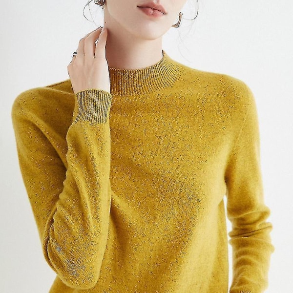 Cashmere genser for kvinner 100 % Cashmere lett, langermet strikket genser med rund hals Mustard yellow XXL